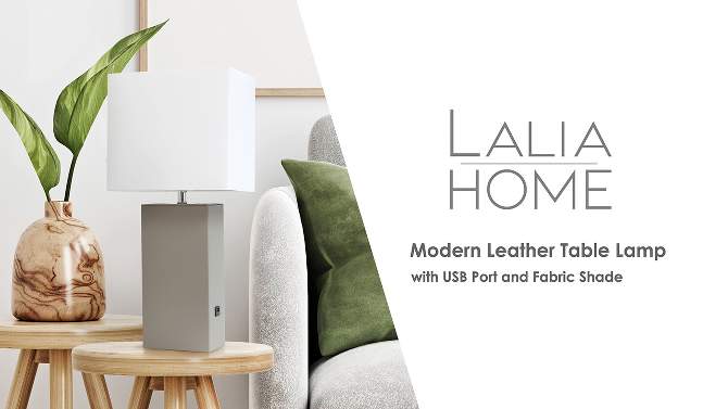 21" Lexington Leather Base Modern Home Decor Bedside Table Lamp with USB Charging Port and Fabric Shade - Lalia Home, 2 of 12, play video