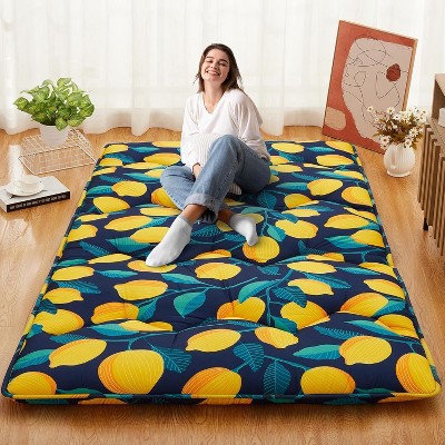 Nasitip Full Japanese Futon Mattress,Foldable Floor Mattress with Modern Lemon Pattern, 1.5" Thicken Portable Roll Up Mat for Sleeping,Blue