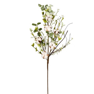 Vickerman 34" Artificial White Cotton Mixed Green Spray. Includes 2 sprays per pack.