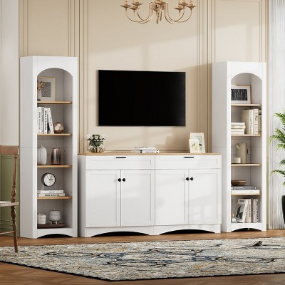3-Piece TV Consoles Set,Farmhouse TV Console With Bookshelf,Sideboard With Adjustable Shelves,TV Console With Storage For 70" TV-Cuddlewood