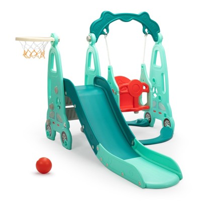 Infurnic Doll Playsets 3 in 1 Toddler Climber and Swing Set Kid Climber Slide Playset W/Basketball Hoop, Childresn Gifts, Green, 69.7"*55.1"*42.5"