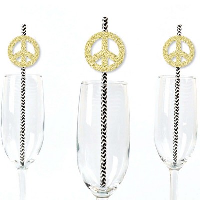 Big Dot of Happiness Gold Glitter Peace Sign Party Straws - No-Mess Real Gold Glitter Cut-Outs & Decorative 60's Hippie Party Paper Straws - Set of 24