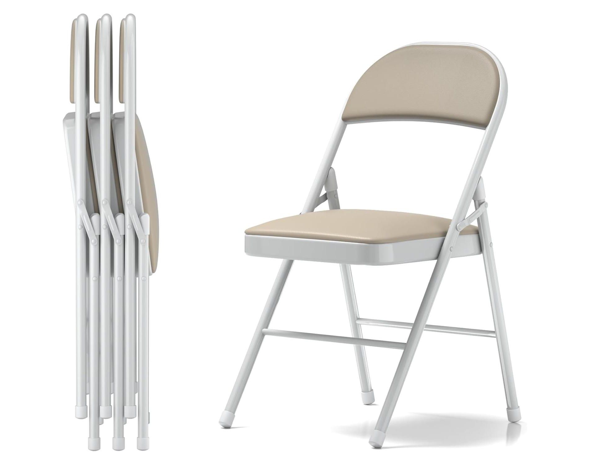 VECELO  4-Pack Folding Chairs with Ultra-Soft Beige PU Padded Cushion Seats, Portable Metal Frame, 300 lbs Capacity, No Assembly Required