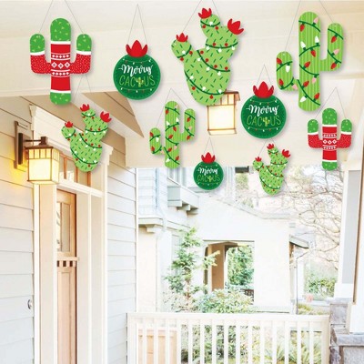 Big Dot of Happiness Hanging Merry Cactus - Outdoor Christmas Cactus Party Hanging Porch and Tree Yard Decorations - 10 Pc