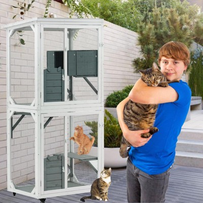 Outdoor Catio 3 Tiers Wooden Cat Cage 71.6" Height Outdoor Cat Enclosure, Cat House on Wheels with Platforms, Resting Box & Weatherproof Asphalt Roof
