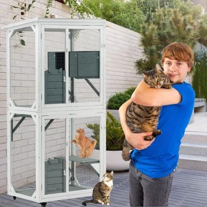 Outdoor Catio 3 Tiers Wooden Cat Cage 71.6" Height Outdoor Cat Enclosure, Cat House on Wheels with Platforms, Resting Box & Weatherproof Asphalt Roof - 1 of 4