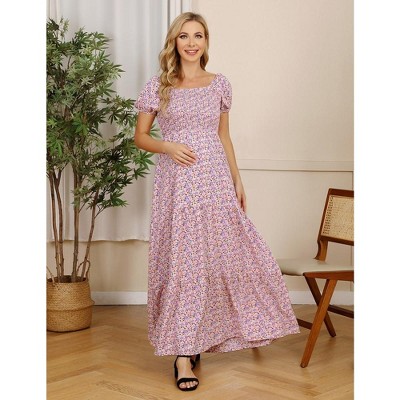 Women's Casual Off the Shoulder Smocked Tiered Dress Puff Sleeve Ruffle Maxi Dress