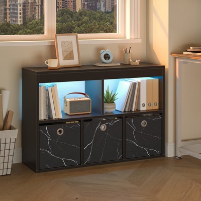 Pinmoco 5-Cube Kid's Bookshelf LED Toy Storage Organizer with Three Marbled Fabric Drawers