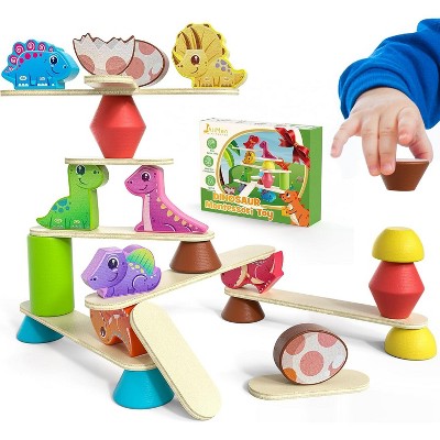 Wooden Dinosaur Blocks Set, Sorting, Stacking and Balance Montessori Toy for Toddlers Ages 1-4