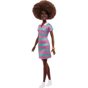 Barbie Fashionistas Doll #247 with Pink and Green Striped Dress, Curly  Black Hair : Target