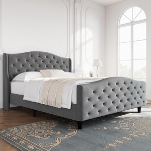 Luxury Upholstered Bed Frame with Wingback Headboard, Velvet Platform Bed Frame Mattress Foundation with Wooden Slats - 1 of 4