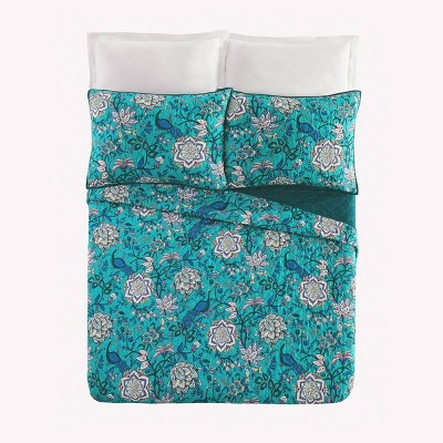 Turquoise Floral and Peacock King Microfiber Quilt Set