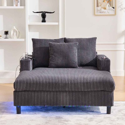 Oversized Recliner Sofa with 3 Pillows and Side Pocket, Single Sofa with USB and RGB LED Lights, Corduroy Sofa with Wood Frame-Coolbibila