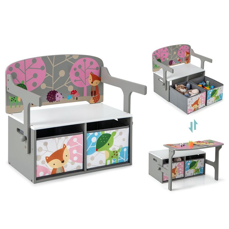 Costway 3 in 1 Kids Convertible Activity Bench Children Table & Chair Set with 2 Bins Grey/White, 1 of 11