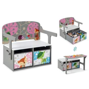 Costway 3 in 1 Kids Convertible Activity Bench Children Table & Chair Set with 2 Bins Grey/White