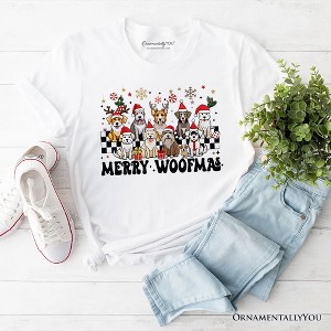 Merry Woofmas Dog Mama T‑Shirt, Dogs With Santa Hats Christmas Tee | OrnamentallyYou - 1 of 4
