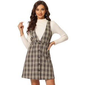 Allegra K Women's V Neck Gingham Check Pinafore Overalls Suspenders Plaid Print Dress - 1 of 4