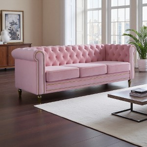 84.65" Chesterfield Velvet Sofa with Gold Trim & HD Foam - 1 of 4