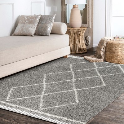 Cream/Grey Moroccan Tribal Trellis 5' x 8' Shag Area Rug