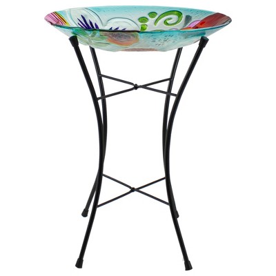 21" White and Multicolor Hand Painted Floral Glass Outdoor Birdbath with Stand
