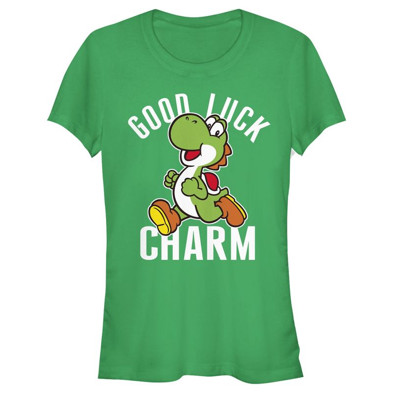 Juniors Womens Nintendo Super Mario Yoshi St. Patrick's Good Luck Charm T-Shirt, 1 of 4