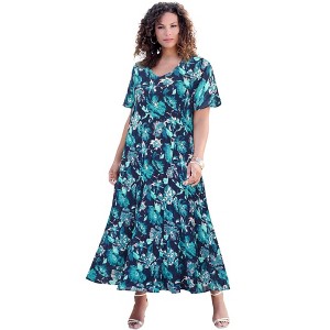Roaman's Women's Plus Size Flutter Sleeve Crinkle Dress - 1 of 4