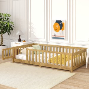 TIRAMISUBEST Twin/Full/Queen Size Floor Bed with Fence and Door, Rubber Wood Floor Platform Bed Montessori Bed Toddler Bed with Safety Guardrails - 1 of 4