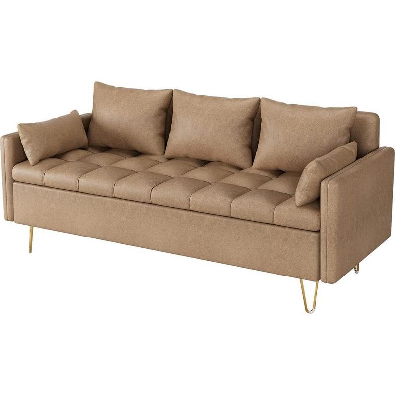 3-Seater Faux Leather Sofa with Hand-Stitched Comfort and Lift-Up Storage, Gold Metal Legs for Stylish Living Room, 4 of 7