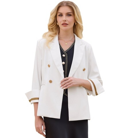 INSPIRE CHIC Women's Double Breasted Notched Lapel 3/4 Sleeve Contrast Trim Fully Lined Formal Work Office Suit Jacket Blazer Large White