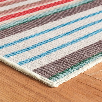 Red and Multicolor Striped Synthetic Washable Rectangular Rug