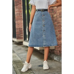 Coolmee Women's Denim Midi Skirts Casual A-Line Short Button Down Fashion Belt Jean Skirt with Pockets - 1 of 4