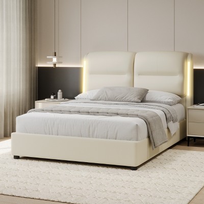 Queen Size Hydraulic Platform Bed with Lift Up Storage and Sensor LED Lights, PU Leather Upholstered Bed Frame - ModernLuxe