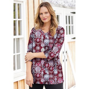 Catherines Women's Plus Size Petite Suprema 3/4 Sleeve V-Neck Tee - 0XWP, Rich Burgundy Ikat Medallion - 1 of 4