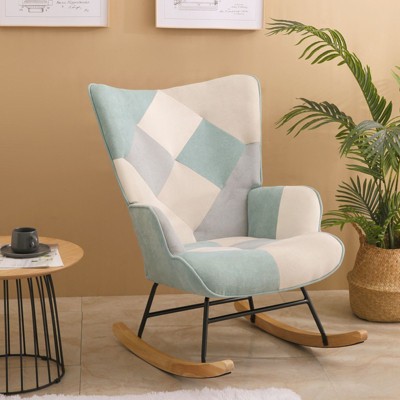 CAVINAS Linen Fabric Glider Rocking Chair with High Backrest,Upholstered Rocking Chairs,Nursery Accent Chair for Bedroom