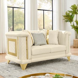 69" Velvet Loveseat Luxury Sofa with Gold Stainless Steel Trims and Embroidered Texture, Mid Century Modern Victorian Tufted Couch - 1 of 4