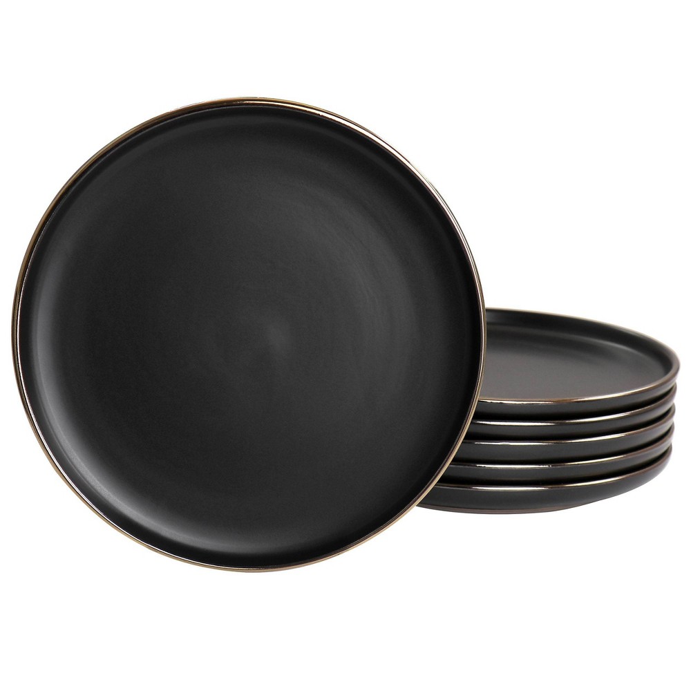 Photos - Plate Elama 6pc Paul Stoneware Salad  Set with Rim Matte Black/Gold: Solid Round Black s, Dishwasher & Microwave Safe