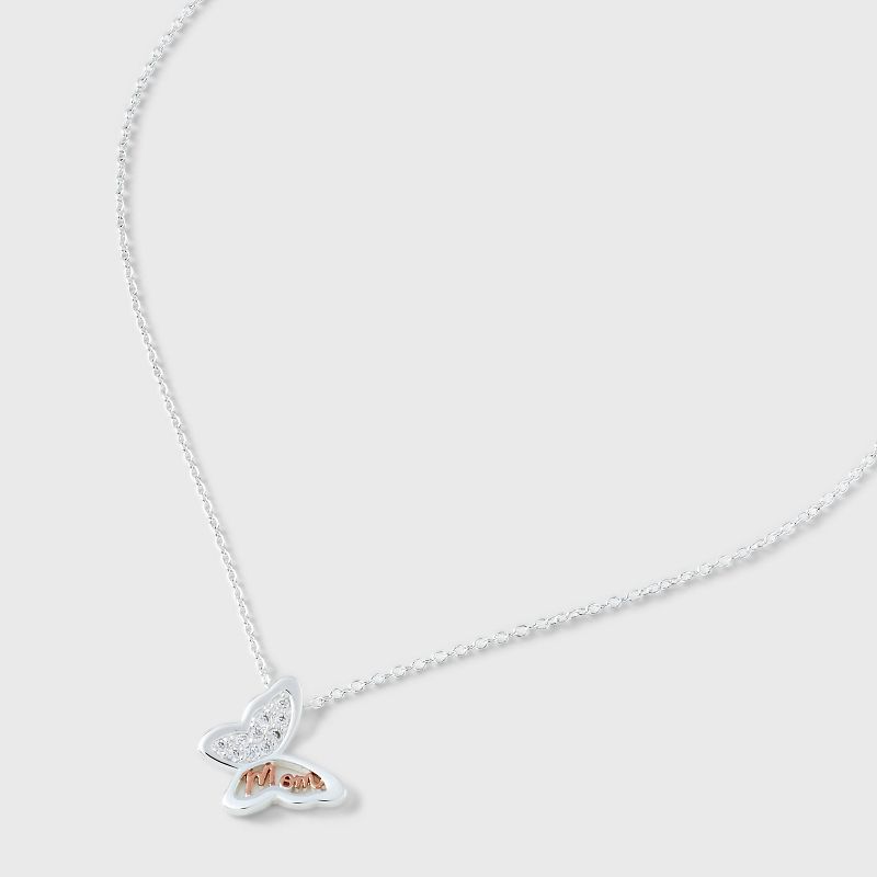 Silver Plated Two Tone &#34;Mom&#34; Cubic Zirconia Butterfly Pendant Necklace - Silver/Rose Gold, 4 of 5