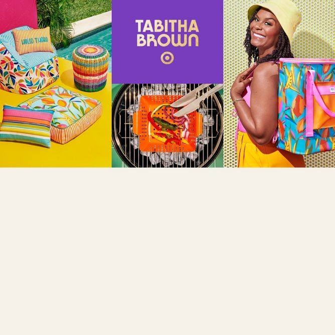 Tabitha Brown for Target collection featuring bright, colorful outdoor furniture; grilling tools and Tabitha with a citrus print backpack cooler over her shoulder.