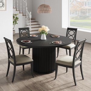 47" Round Dining Table for 4-6, Black Dining Table with Sturdy Waveform Metal Base, Industrial Circle Table for Kitchen or Dining Room - 1 of 4