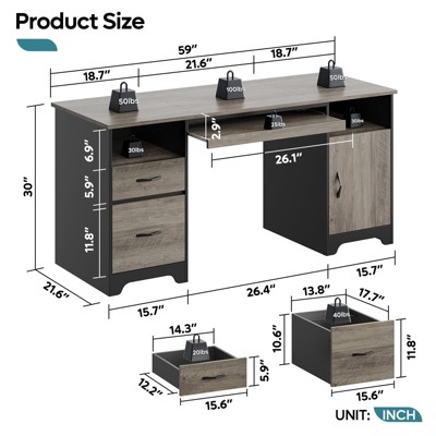 Gray Executive Desk with Storage Cabinet and Keyboard Tray