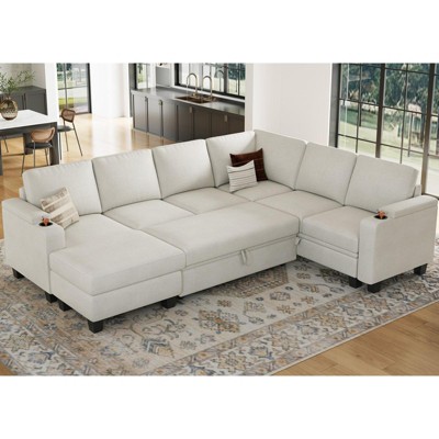 Belffin Chenille 7-Seater U-Shaped Sleeper Sectional - Modular Couch with Pull-Out Bed & All-Module Storage