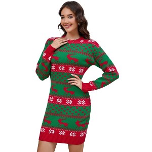 Coolmee Women's Ugly Christmas Crew Neck Sweater Dress Long Sleeve Holiday Knit Xmas Mini Dress - 1 of 4