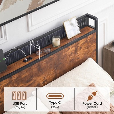 Full Vintage Brown LED Bed Frame with Storage Headboard and Drawers