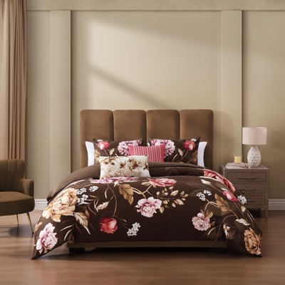 Bebejan Floral Garden on Mocha 100% Cotton 5-Piece Reversible Comforter Set
