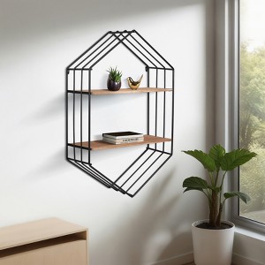 Sagebrook Home 20"L 8"W 32"H Black Iron and Brown Wooden Hexagon-shaped Wall Shelf for Your Living Room, Bathroom - 1 of 4