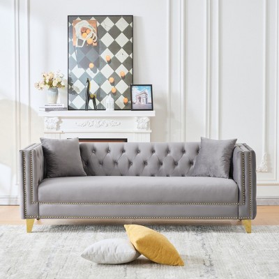 Sapphtopaz Velvet Couches for Living Room with Nailhead&Button Tufted Upholstered Leisure Sofa with Square Arms&Deep Seat for Apartment