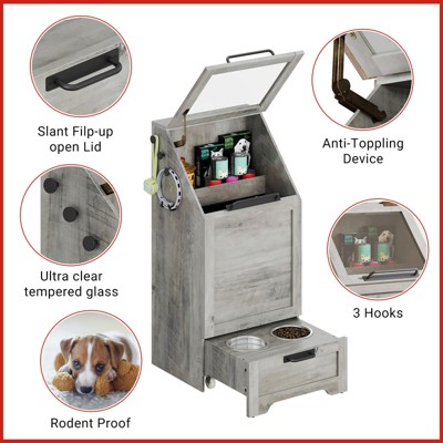 Pet Food Storage, Dog Food Storage Cabinet 35" w/Flip Lid & Bowls - Elevated Feeding Station with Toy Organizer, Pull-Out Feeder