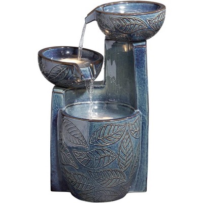 Midnight Blue Ceramic Cascading Bowls Outdoor Fountain with LED Light