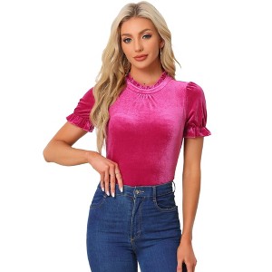 INSPIRE CHIC Women's Short Sleeve Velvet Keyhole Back Ruffle Mock Neck Shirt - 1 of 4
