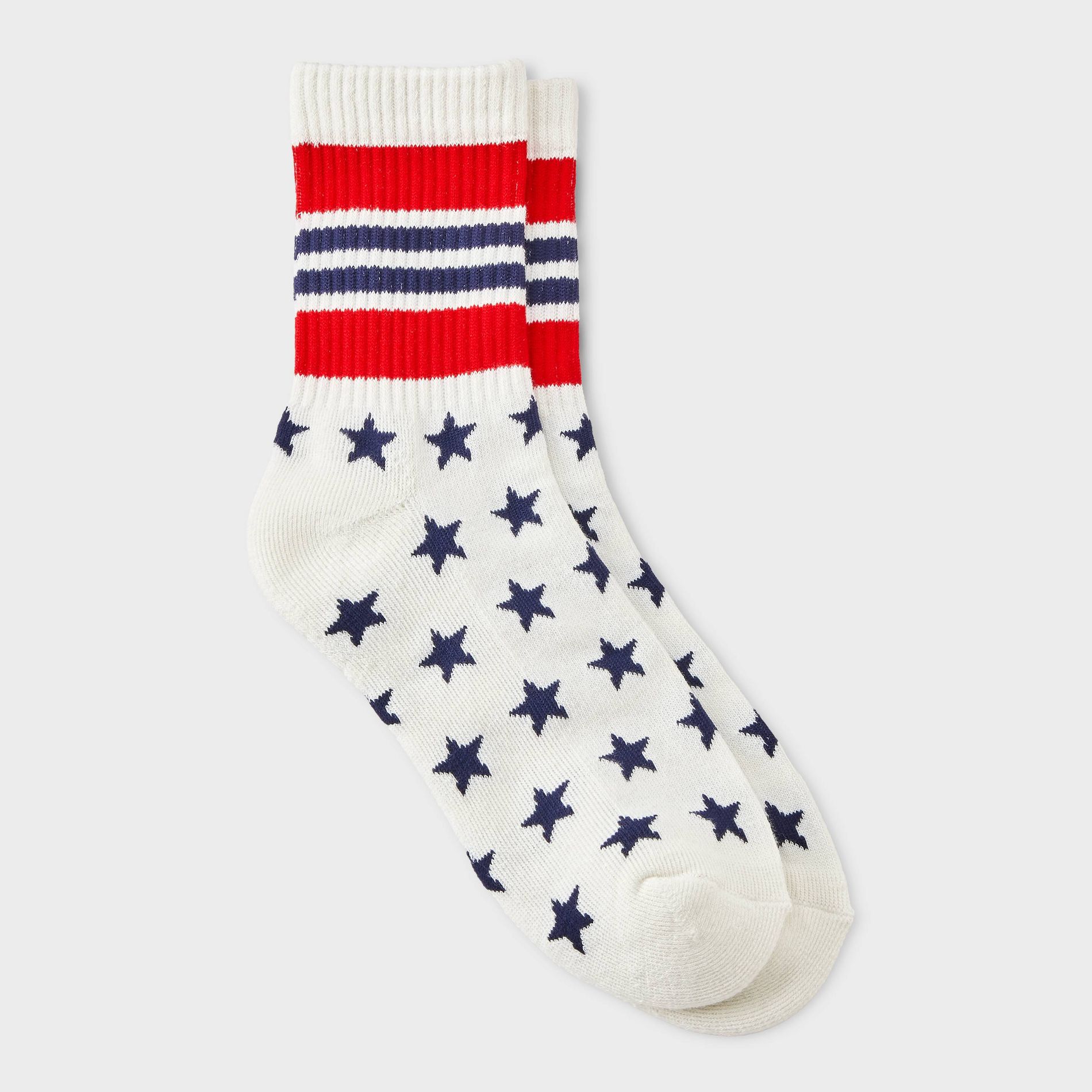 Women's Ribbed Cushioned Preppy Stars Mid Crew Socks - Cream 4-10
